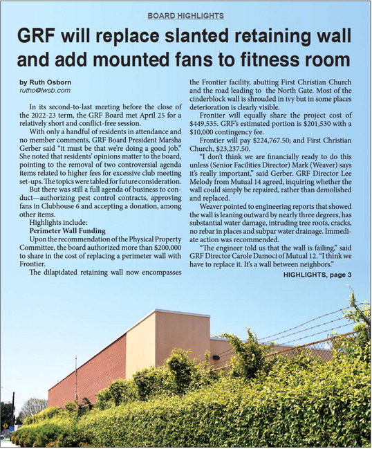 GRF will replace slanted retaining wall and add mounted fans to fitness room